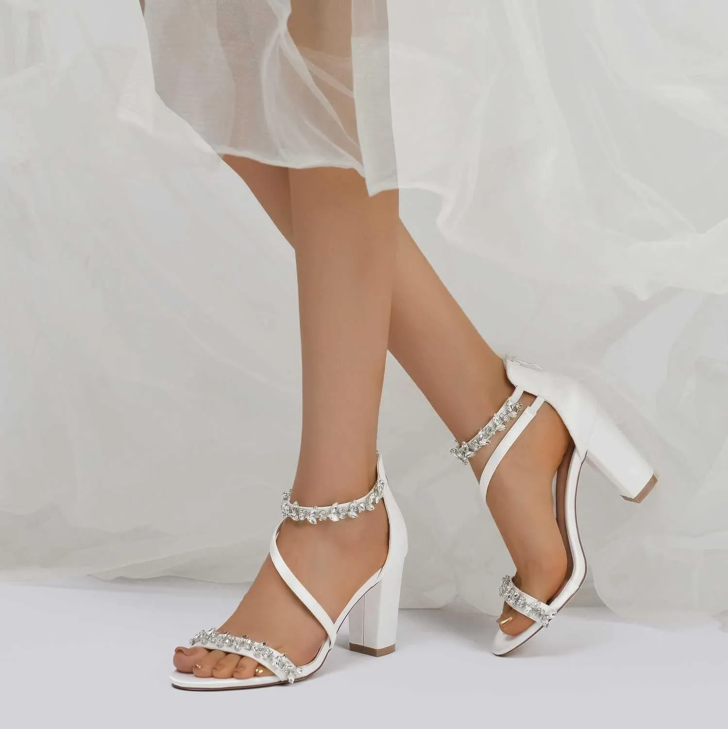 TarfiC Women's White Wedding Shoes for Bride High Heels Rhinestones Zipper Round Toe Bridal Shoes Satin Prom Party Dress Pumps Sandals