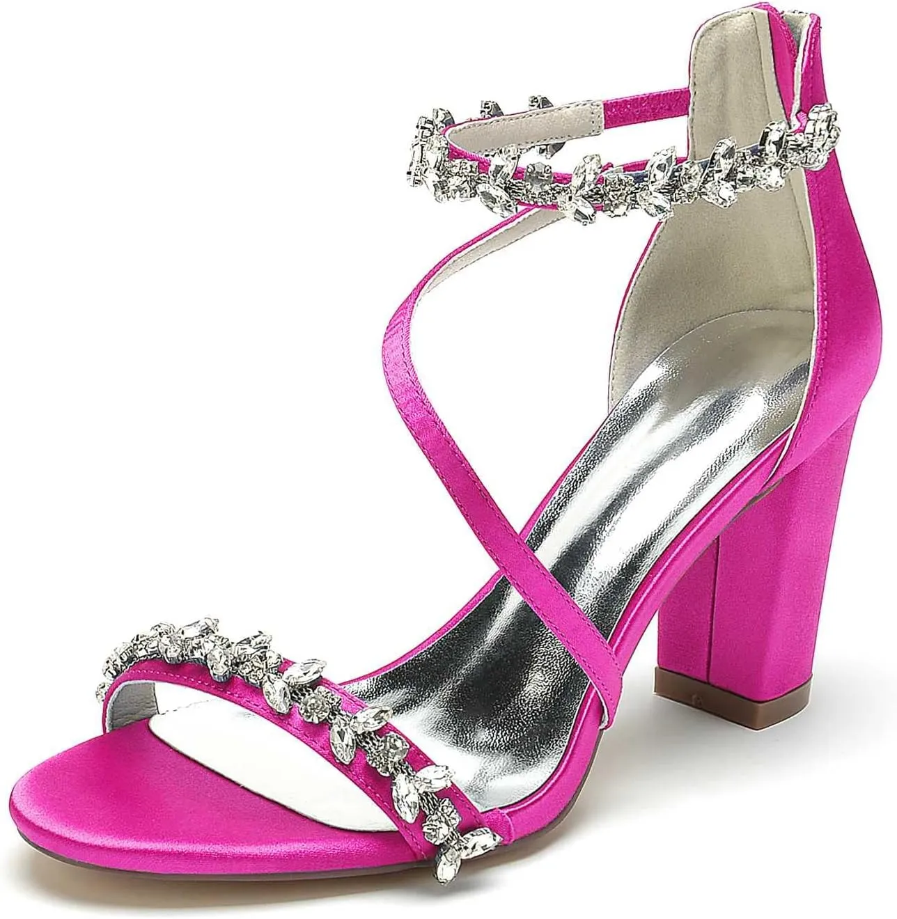 TarfiC Women's White Wedding Shoes for Bride High Heels Rhinestones Zipper Round Toe Bridal Shoes Satin Prom Party Dress Pumps Sandals