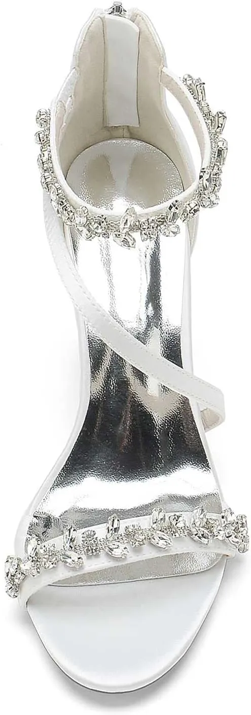 TarfiC Women's White Wedding Shoes for Bride High Heels Rhinestones Zipper Round Toe Bridal Shoes Satin Prom Party Dress Pumps Sandals