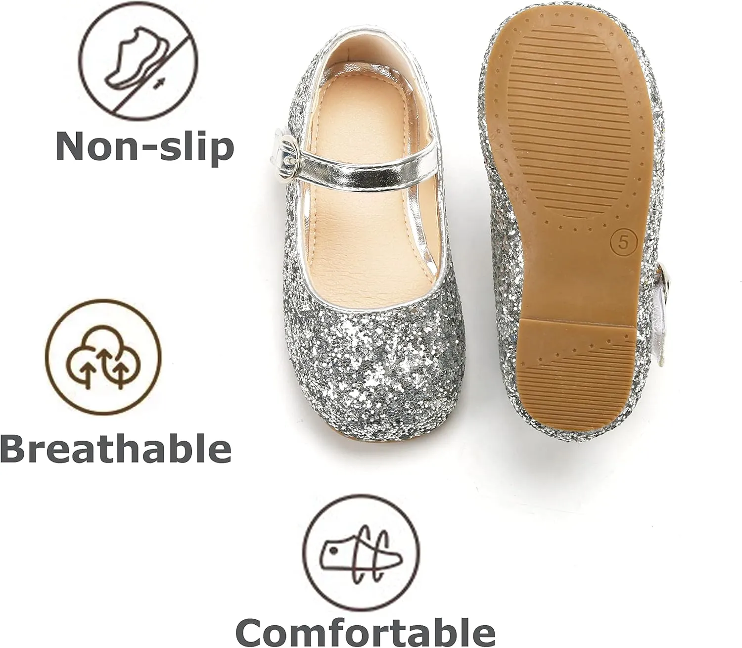 THEE BRON Little Girls Princess Shoes 3-12 Years Ballet Flats Soft Non-Slip Dress Shoes for Wide Feet