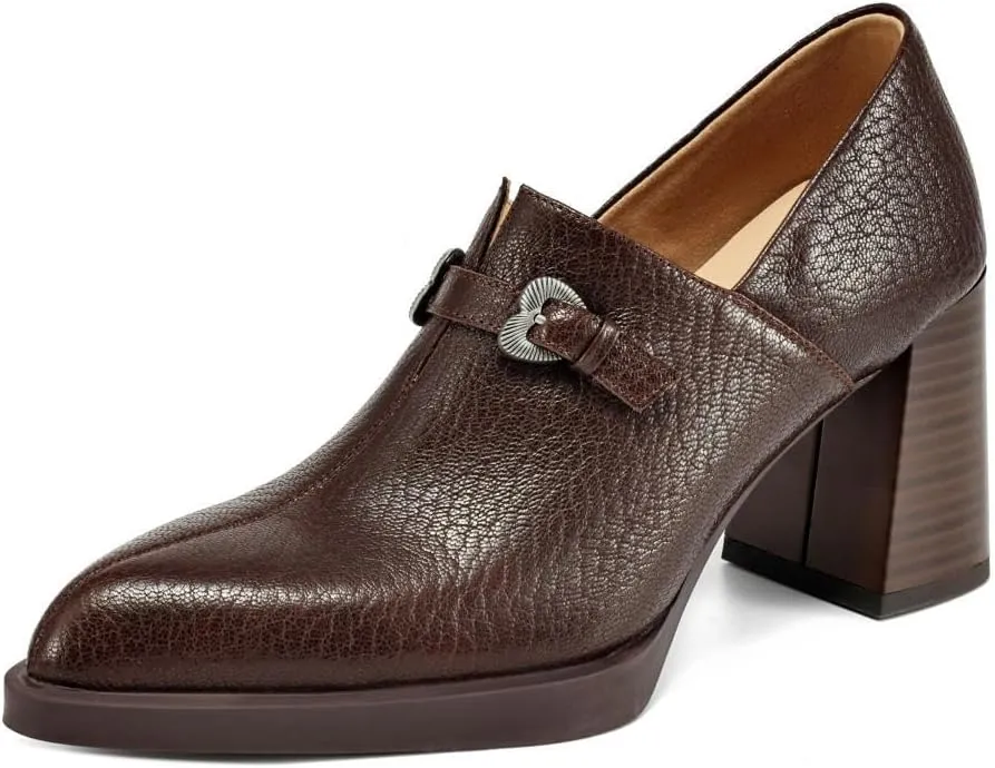 TinaCus Women's Genuine Leather Slip-on Pointed Toe High Block Heel Loafers Pumps Shoes