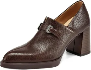 TinaCus Women's Genuine Leather Slip-on Pointed Toe High Block Heel Loafers Pumps Shoes