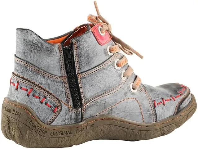 TMA EYES Women Vintage Lace up Leather Ankle Boots Comfotable Anti-Slip Flat Walking Shoes Fashion and Casual
