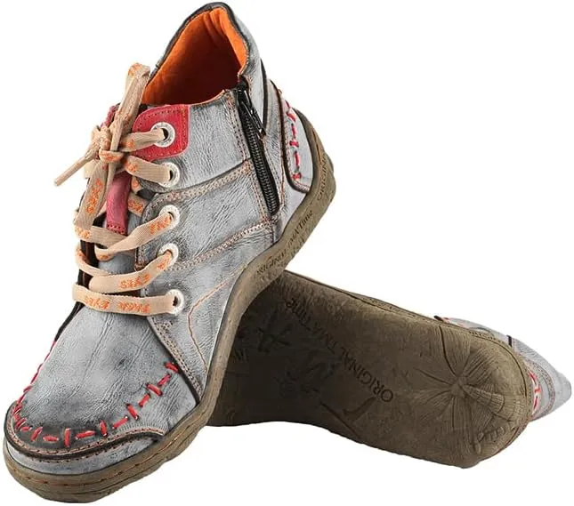 TMA EYES Women Vintage Lace up Leather Ankle Boots Comfotable Anti-Slip Flat Walking Shoes Fashion and Casual