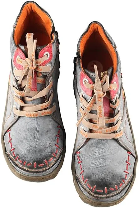TMA EYES Women Vintage Lace up Leather Ankle Boots Comfotable Anti-Slip Flat Walking Shoes Fashion and Casual