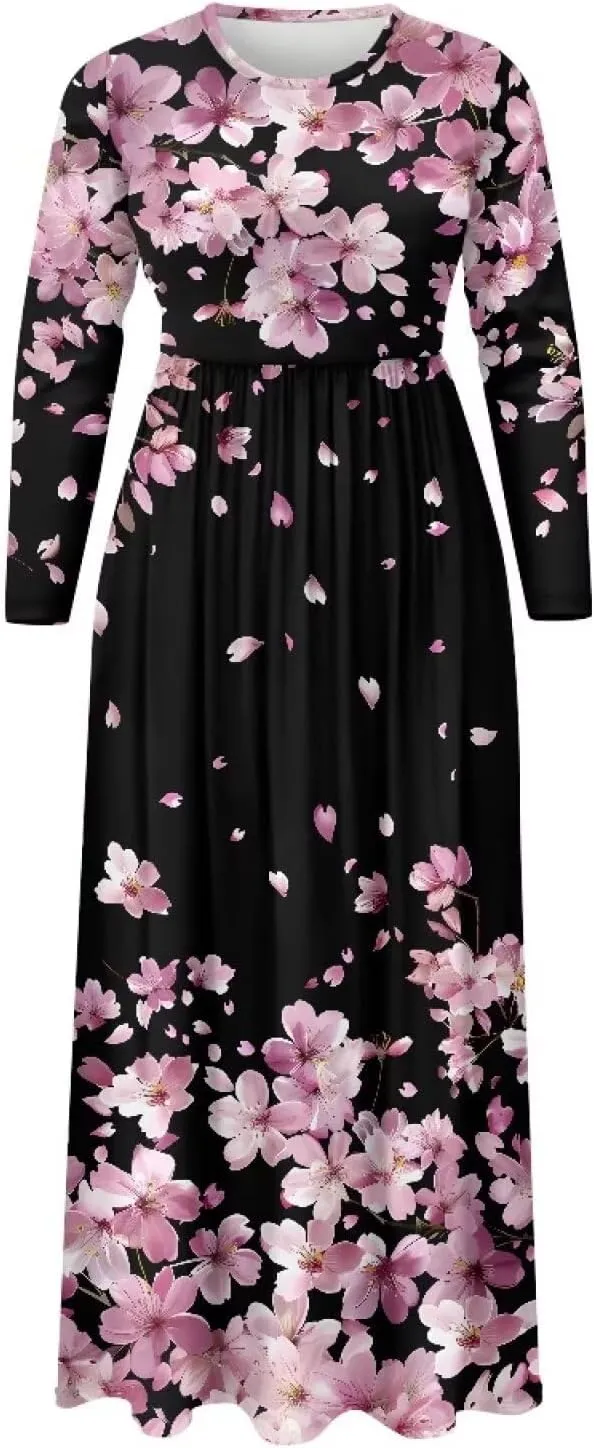 TOADDITDO Women Long Sleeve Maxi Dresses 2024 Wedding Guest Elegant Floor Length Dress Soft O Neck A-line Swing Dresses