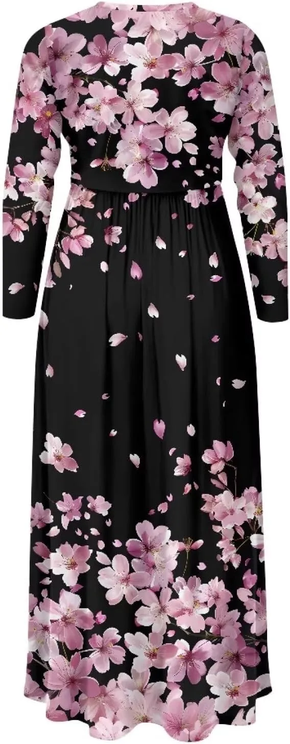TOADDITDO Women Long Sleeve Maxi Dresses 2024 Wedding Guest Elegant Floor Length Dress Soft O Neck A-line Swing Dresses