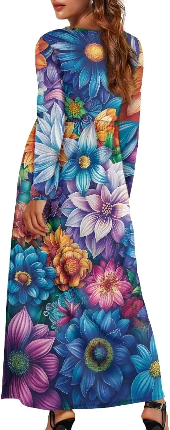 TOADDITDO Women Long Sleeve Maxi Dresses 2024 Wedding Guest Elegant Floor Length Dress Soft O Neck A-line Swing Dresses