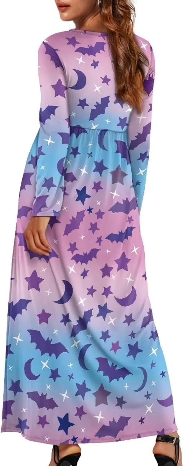 TOADDITDO Women Long Sleeve Maxi Dresses 2024 Wedding Guest Elegant Floor Length Dress Soft O Neck A-line Swing Dresses