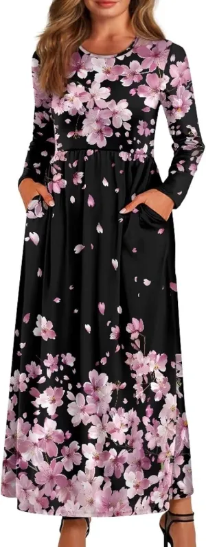 TOADDITDO Women Long Sleeve Maxi Dresses 2024 Wedding Guest Elegant Floor Length Dress Soft O Neck A-line Swing Dresses