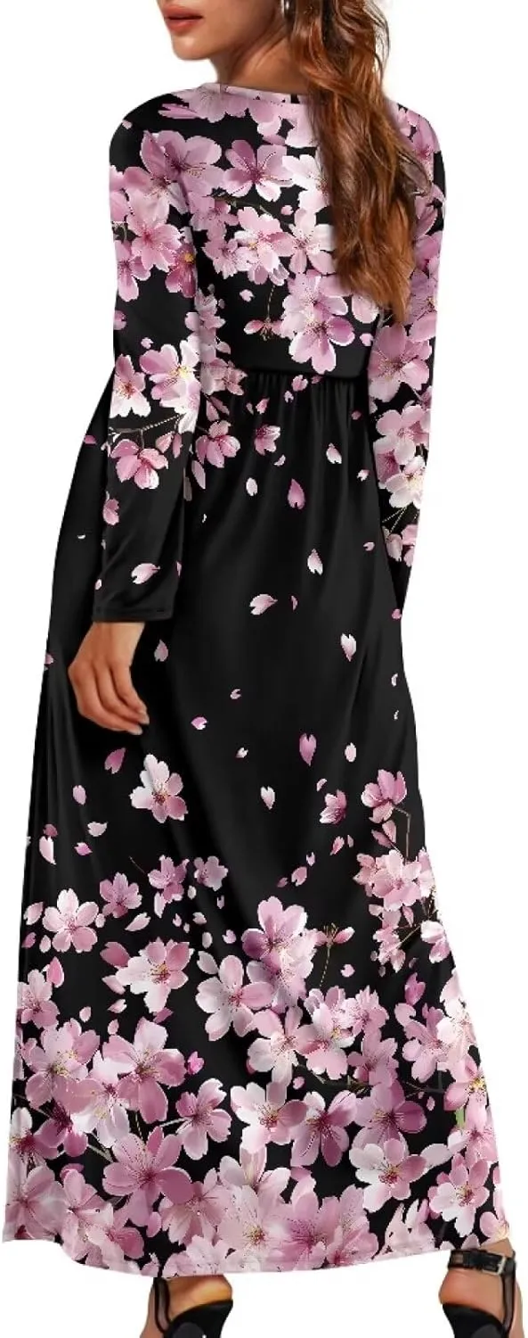 TOADDITDO Women Long Sleeve Maxi Dresses 2024 Wedding Guest Elegant Floor Length Dress Soft O Neck A-line Swing Dresses