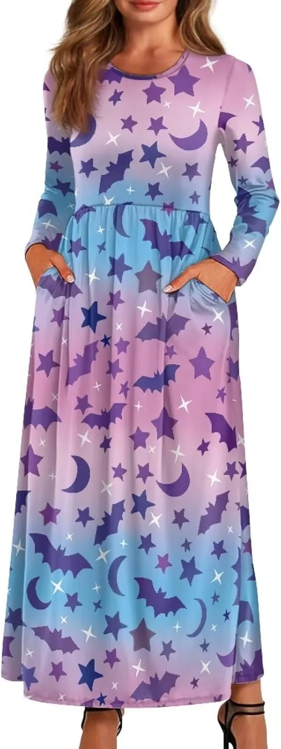 TOADDITDO Women Long Sleeve Maxi Dresses 2024 Wedding Guest Elegant Floor Length Dress Soft O Neck A-line Swing Dresses