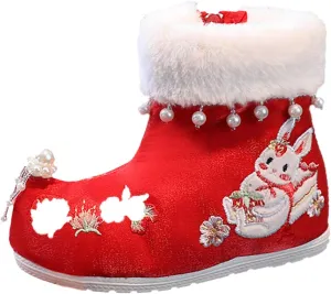 Traditional Embroidered Boots Girls Cheongsam Cloth Shoes Chinese Calendar New Year Retro Plush Warm Girls Pompom Boots