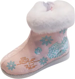 Traditional Embroidered Boots Girls Cheongsam Cloth Shoes Chinese Calendar New Year Retro Plush Warm Girls Pompom Boots