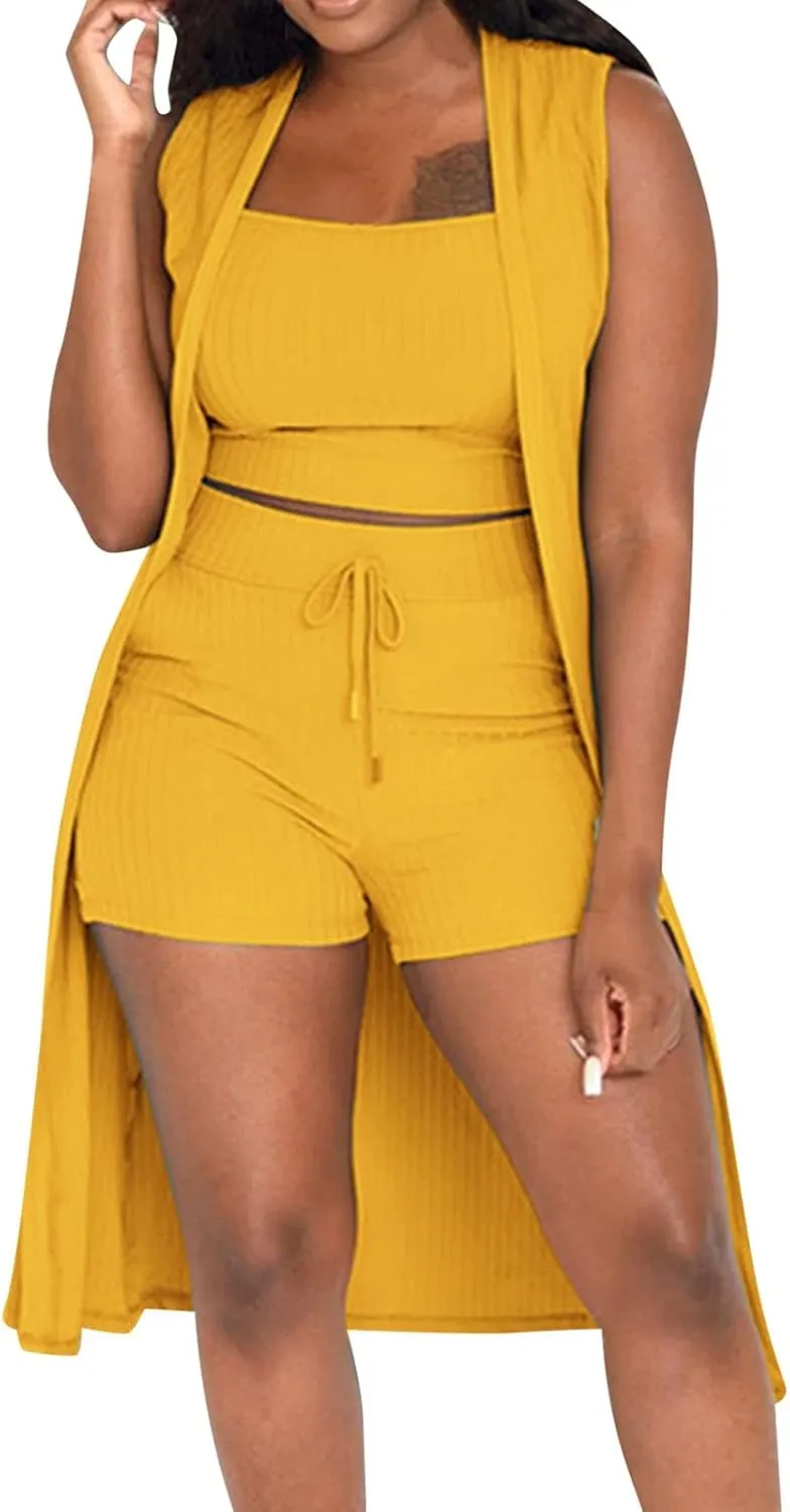 Travel Outfits for Women 3 Piece Set Crop Top Vest Cardigan and High Waist Shorts Ribbed Lounge Tracksuit Sweatsuit