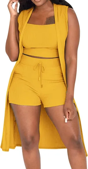 Travel Outfits for Women 3 Piece Set Crop Top Vest Cardigan and High Waist Shorts Ribbed Lounge Tracksuit Sweatsuit