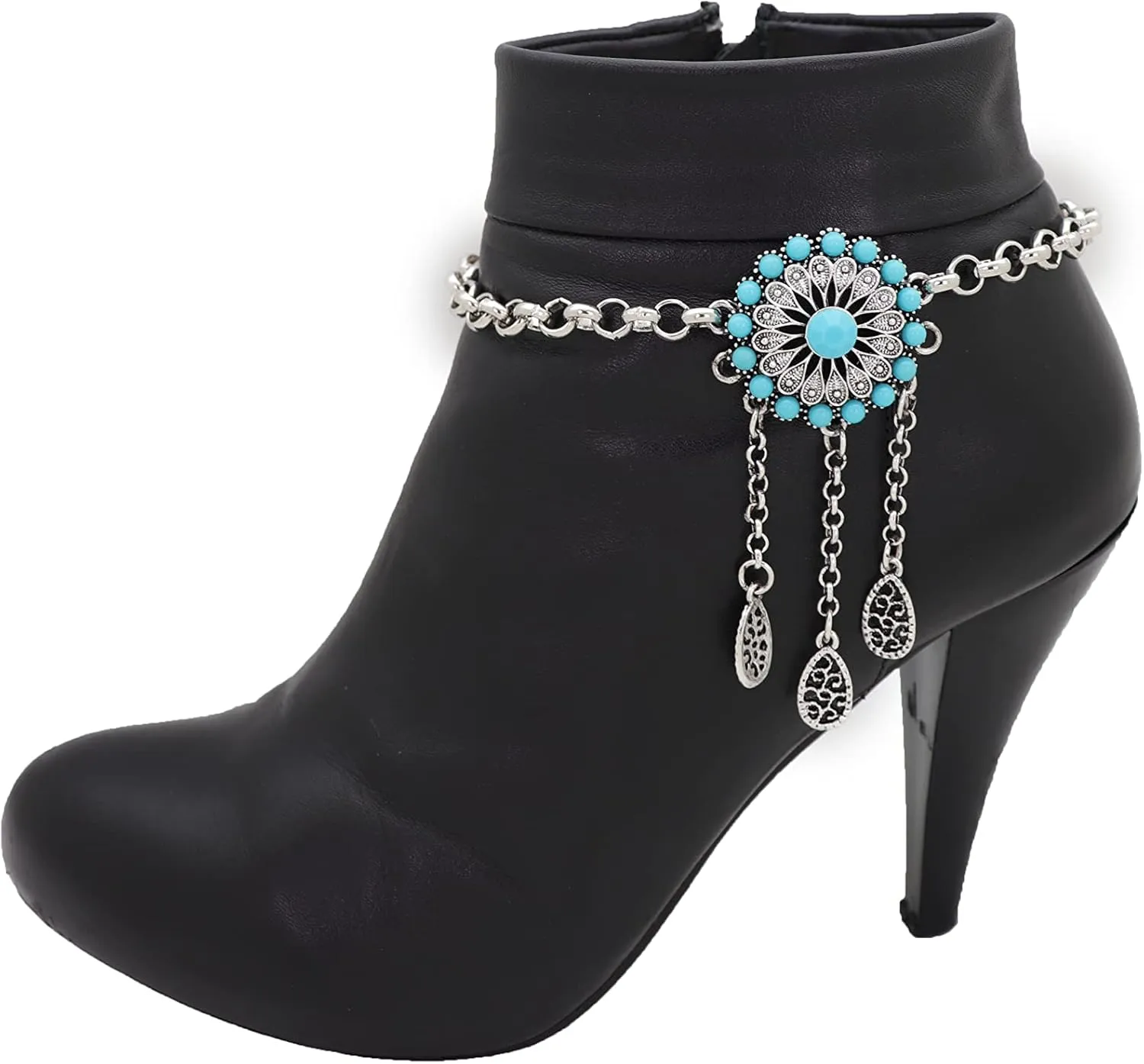 TrendyFashionJewelry Women’s Western Boot Bracelet – Silver Chain with Turquoise Flower Charm – Adjustable Boot Anklet Jewelry for Ankle Boots, Heels, or Cowgirl Shoes (One side)