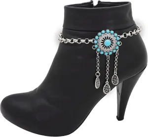 TrendyFashionJewelry Women’s Western Boot Bracelet – Silver Chain with Turquoise Flower Charm – Adjustable Boot Anklet Jewelry for Ankle Boots, Heels, or Cowgirl Shoes (One side)