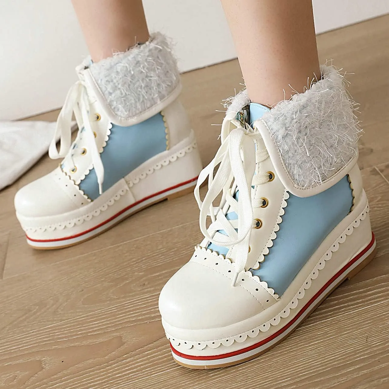 UniqueStride Womens Cute Kawaii Platform Wedge Ankle Boots Lace Up Brogue Lolita Booties