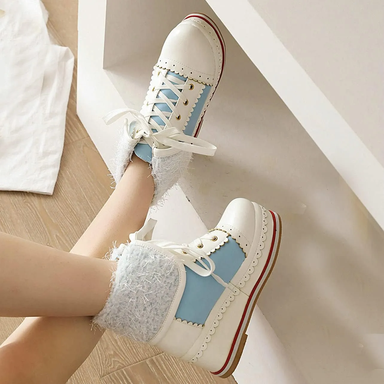 UniqueStride Womens Cute Kawaii Platform Wedge Ankle Boots Lace Up Brogue Lolita Booties