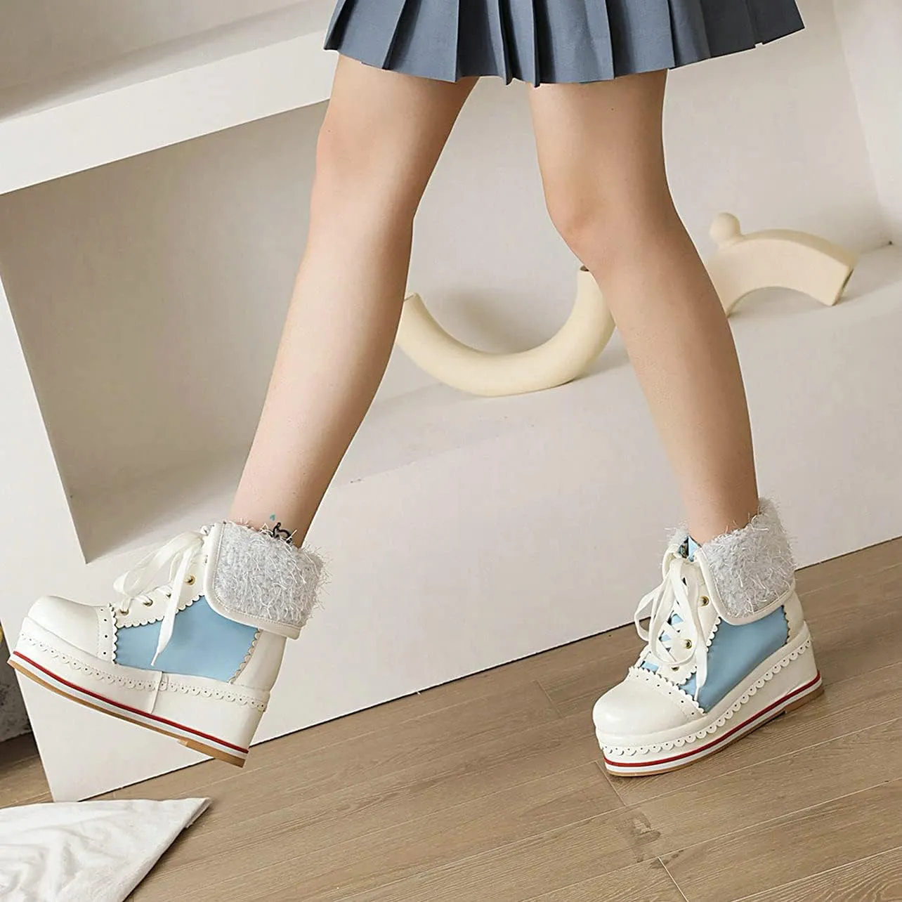 UniqueStride Womens Cute Kawaii Platform Wedge Ankle Boots Lace Up Brogue Lolita Booties