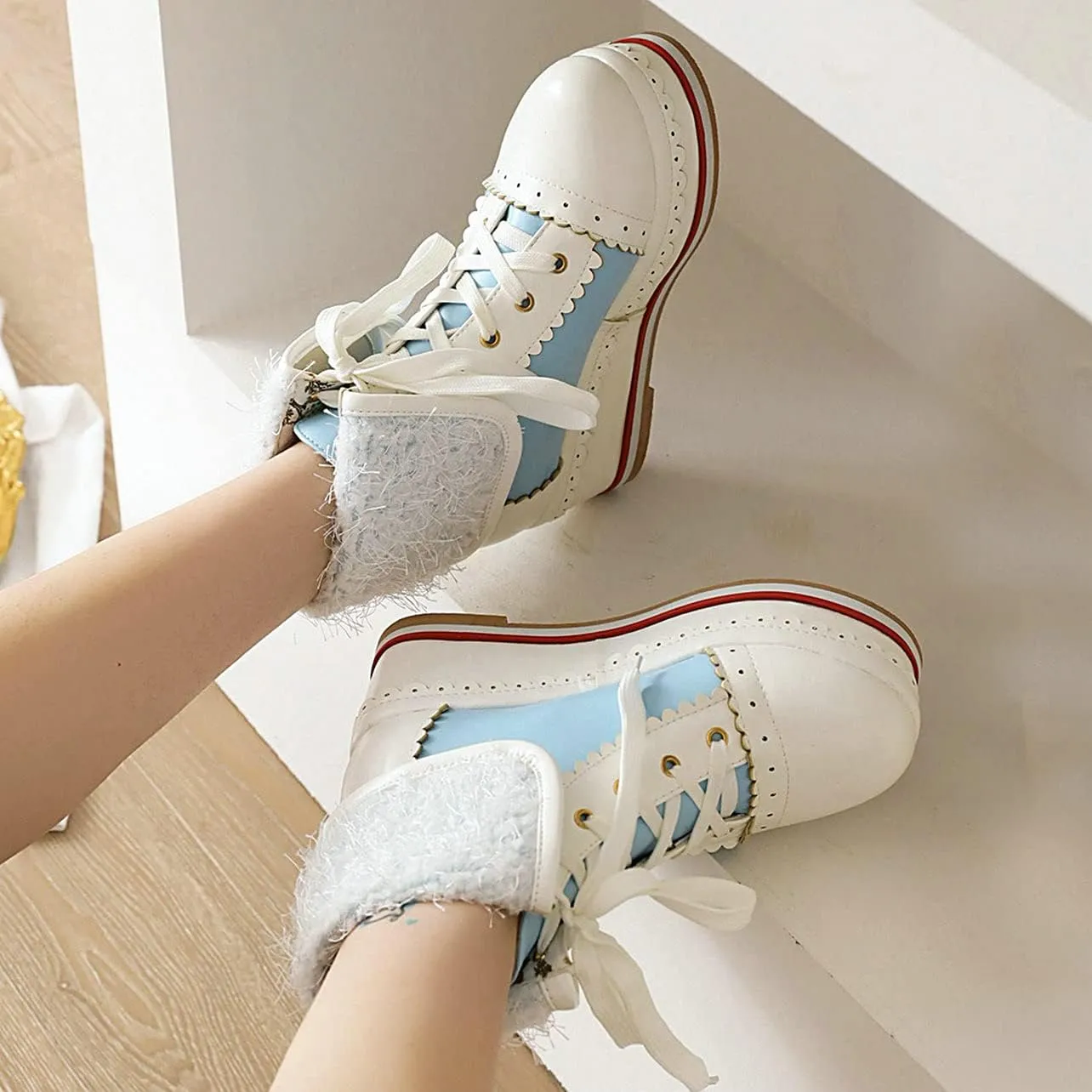 UniqueStride Womens Cute Kawaii Platform Wedge Ankle Boots Lace Up Brogue Lolita Booties