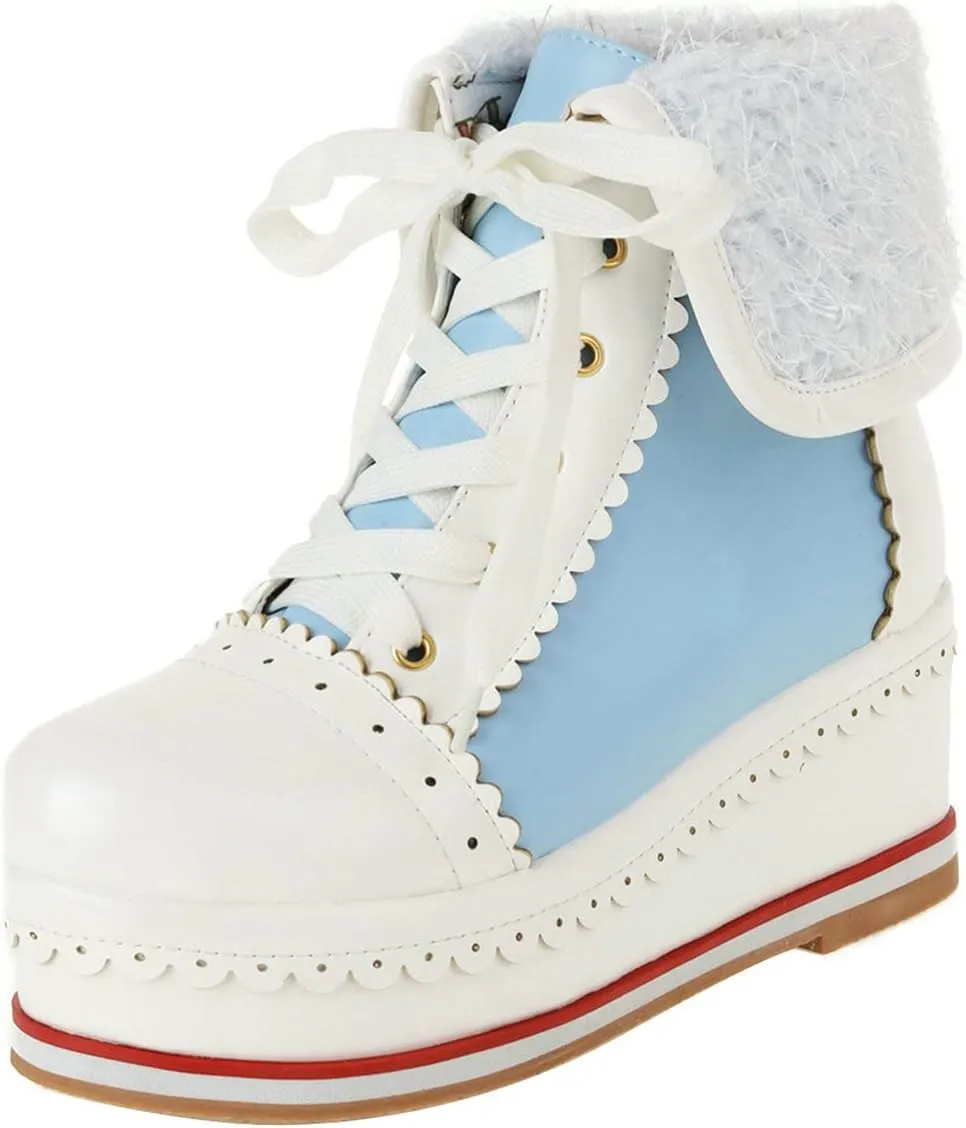 UniqueStride Womens Cute Kawaii Platform Wedge Ankle Boots Lace Up Brogue Lolita Booties