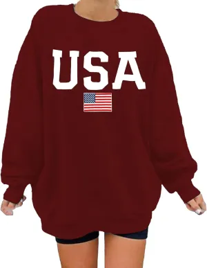 USA Sweatshirt for Women American Flag Shirt Patriotic TShirt Stars Stripes Long Sleeve Pullover Crew Neck Tee Tops
