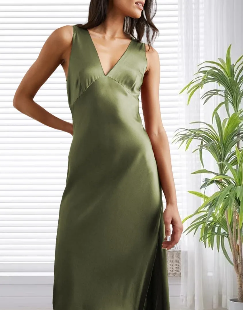 V Neck Satin Formal Midi Dress for Women Wedding Guest Cocktail Party 2025