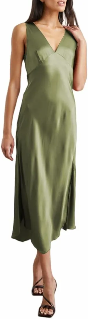 V Neck Satin Formal Midi Dress for Women Wedding Guest Cocktail Party 2025