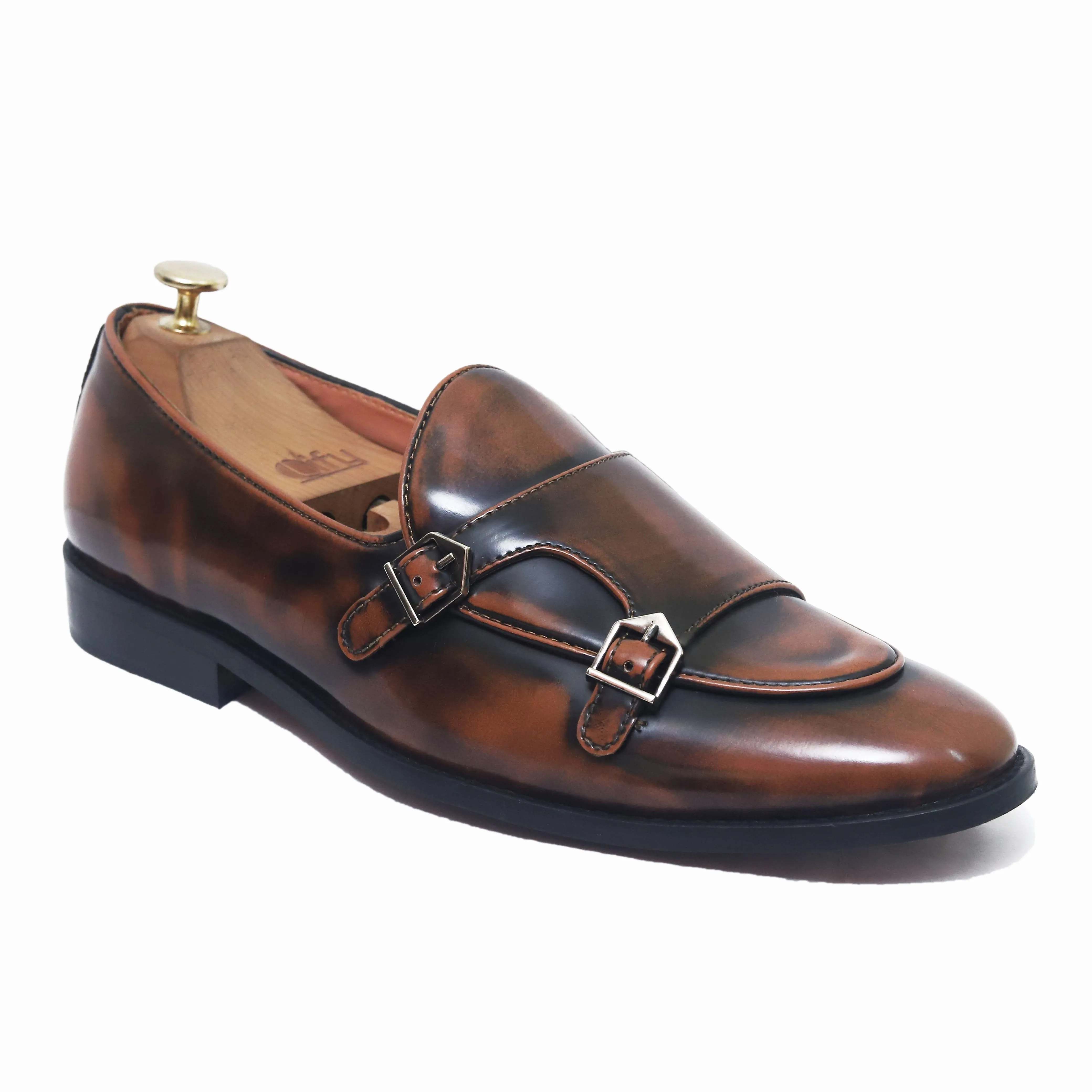Velour Cocoa Tangerine Brushed Shaded Belgian Double Strap Shoes For Men