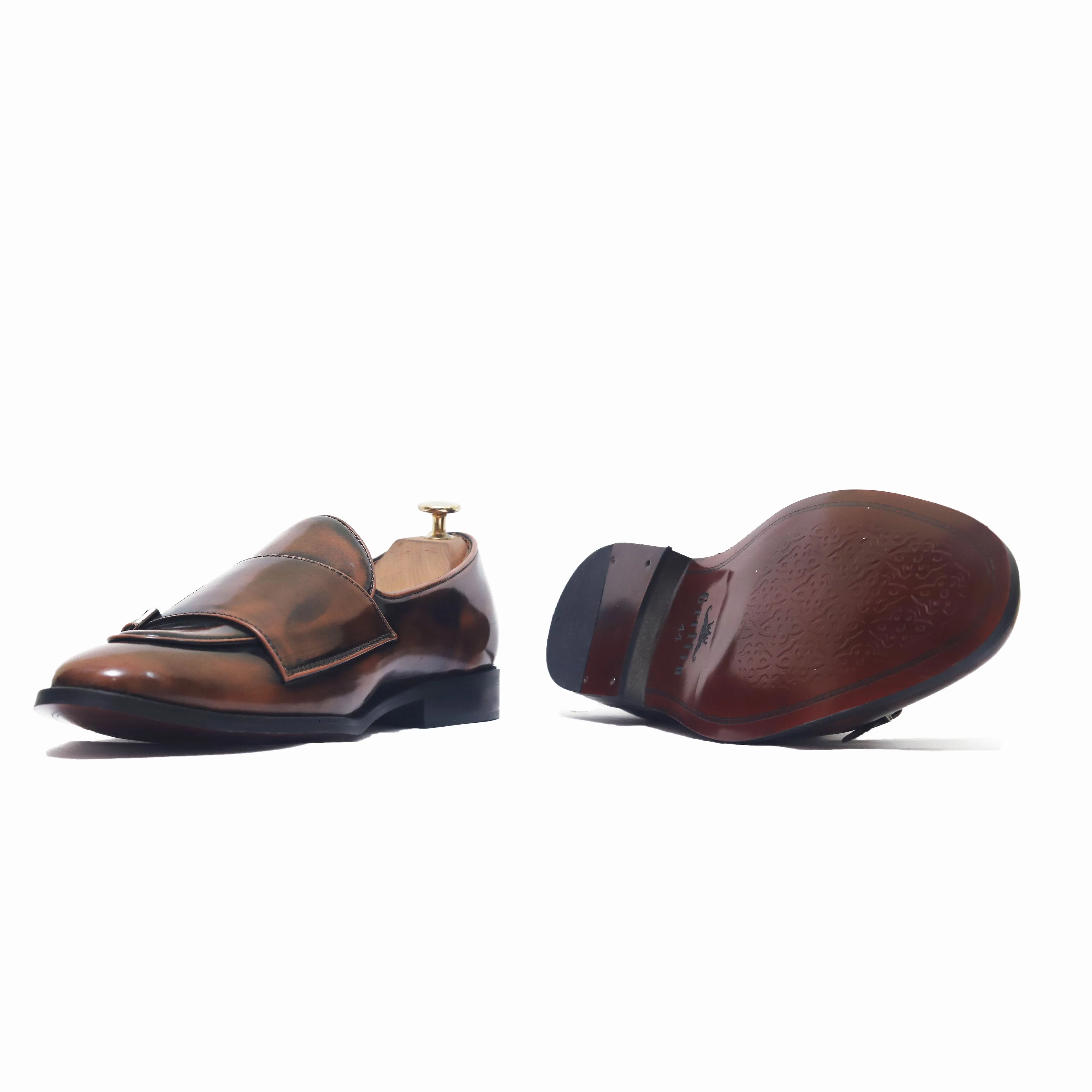 Velour Cocoa Tangerine Brushed Shaded Belgian Double Strap Shoes For Men