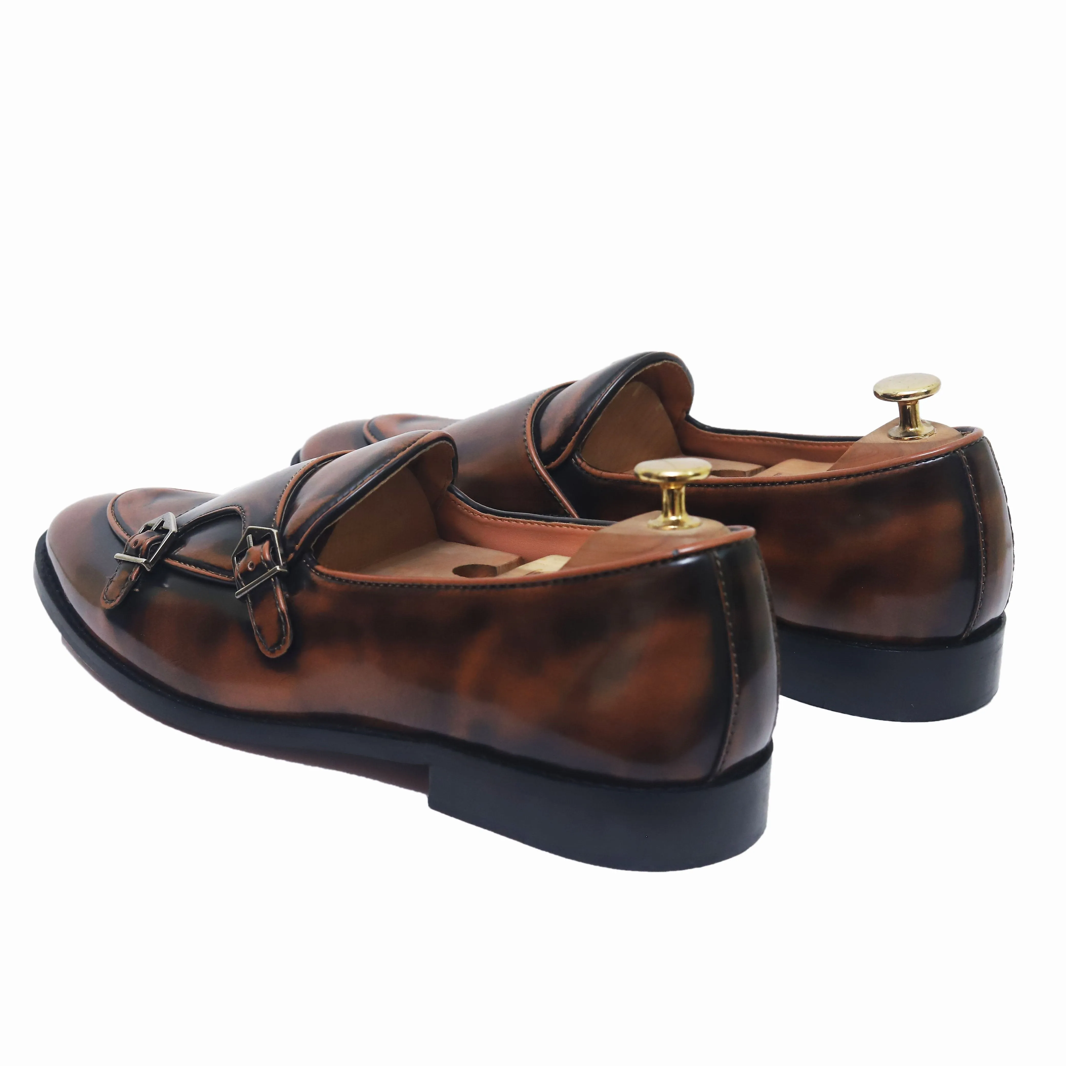 Velour Cocoa Tangerine Brushed Shaded Belgian Double Strap Shoes For Men