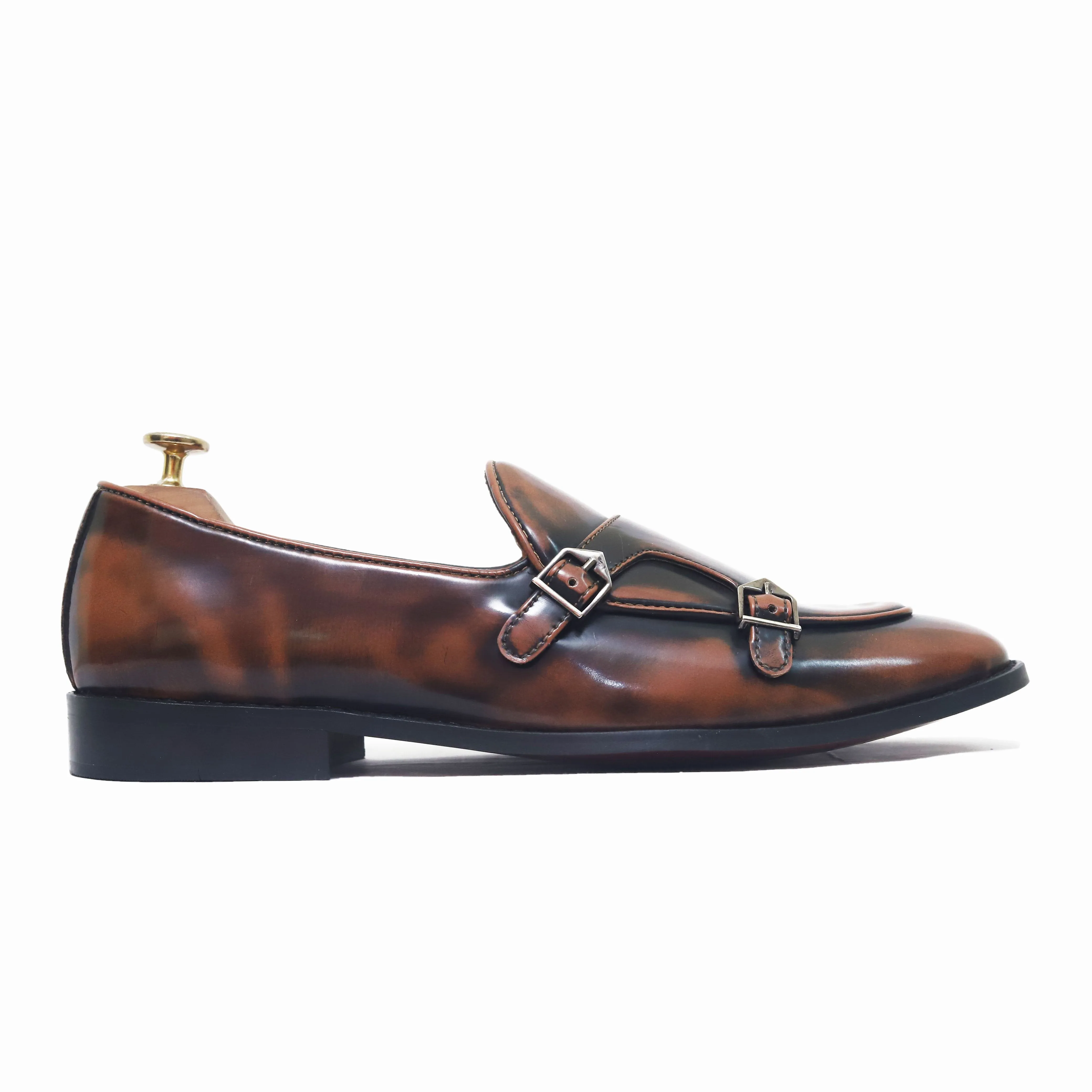 Velour Cocoa Tangerine Brushed Shaded Belgian Double Strap Shoes For Men