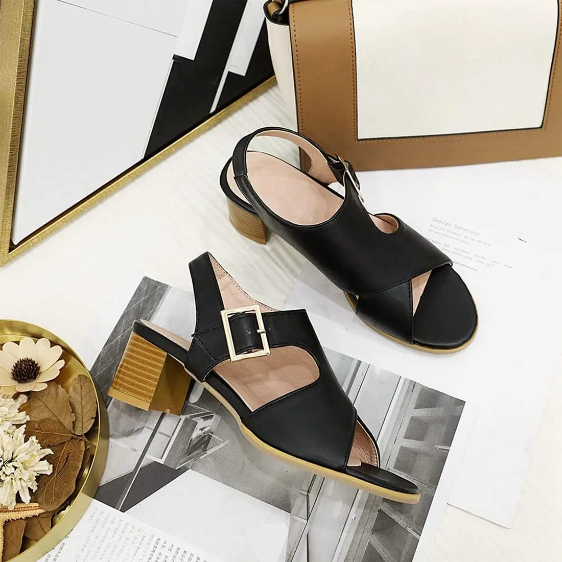 VOKLIN MISTU Women's Fashion Buckle Stacked Block Mid Heels Sandals Open Toe Slingback Pumps Dressy Heeled Sandal
