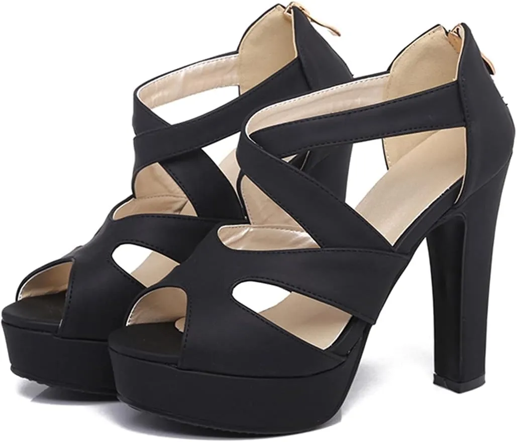 VOKLIN MISTU Women's Peep Toe Platform Block High Heel Sandals Cross Strappy Back Zipper Pump Dressy Heeled Sandal