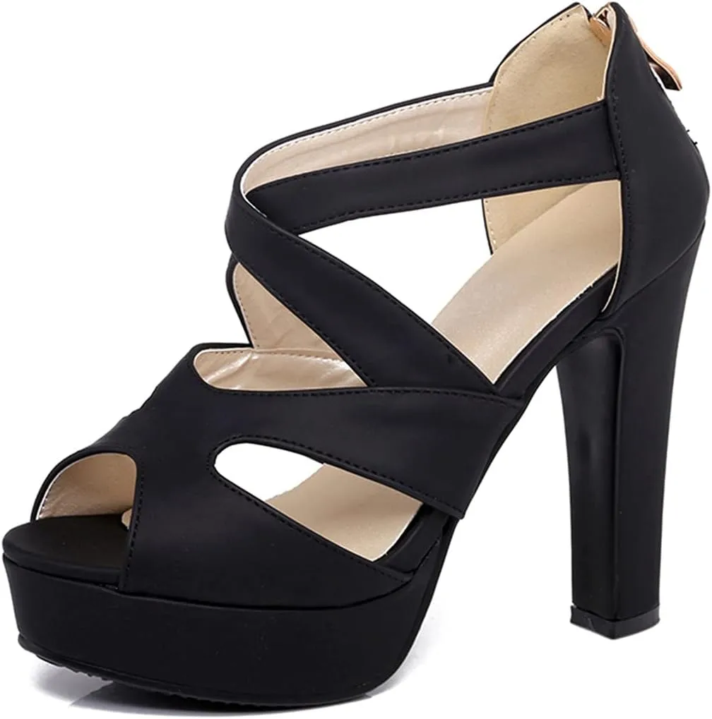 VOKLIN MISTU Women's Peep Toe Platform Block High Heel Sandals Cross Strappy Back Zipper Pump Dressy Heeled Sandal