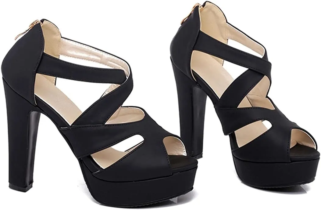 VOKLIN MISTU Women's Peep Toe Platform Block High Heel Sandals Cross Strappy Back Zipper Pump Dressy Heeled Sandal