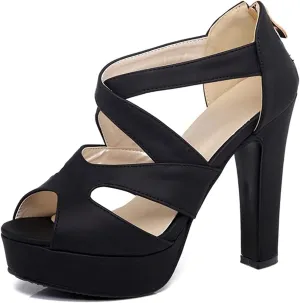 VOKLIN MISTU Women's Peep Toe Platform Block High Heel Sandals Cross Strappy Back Zipper Pump Dressy Heeled Sandal