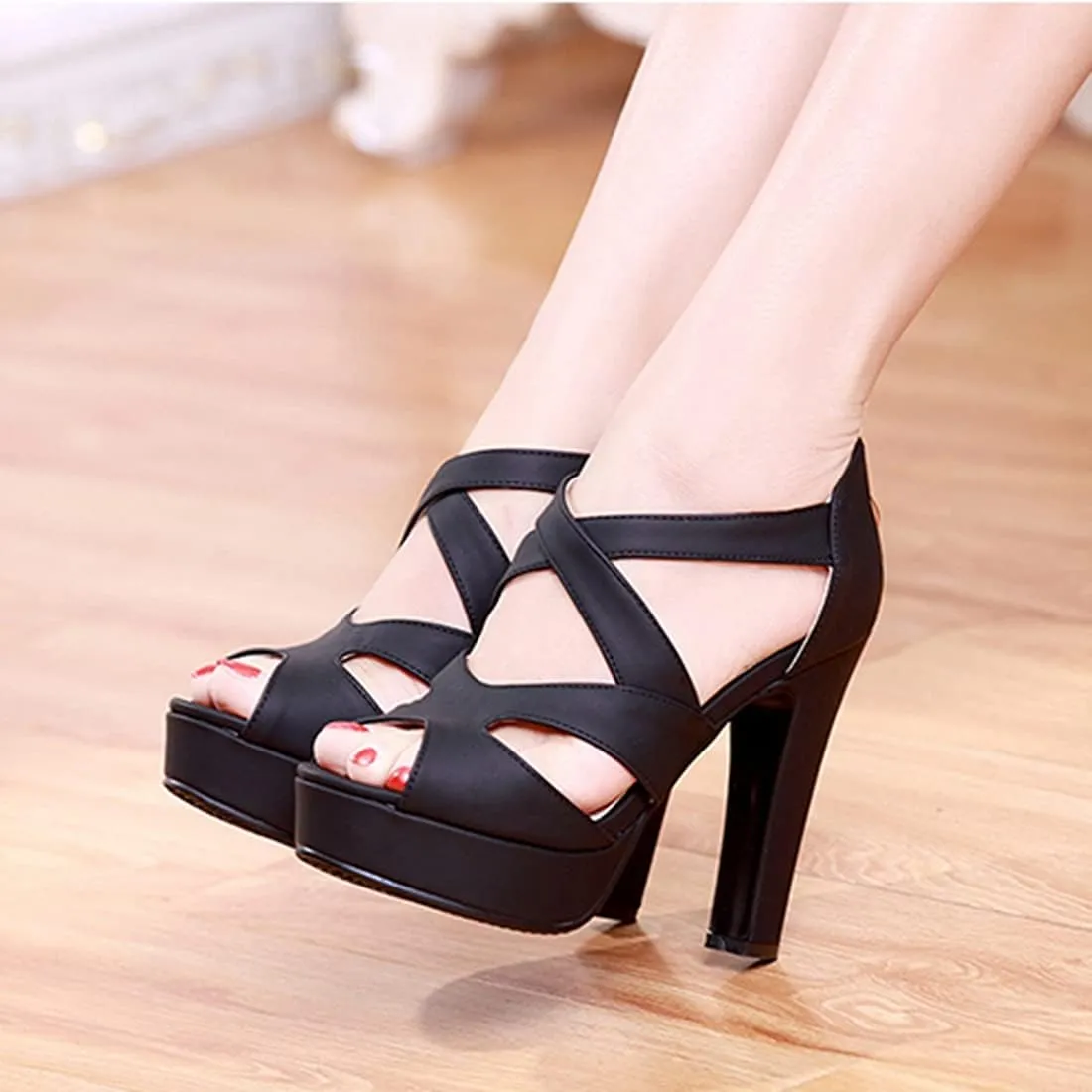 VOKLIN MISTU Women's Peep Toe Platform Block High Heel Sandals Cross Strappy Back Zipper Pump Dressy Heeled Sandal