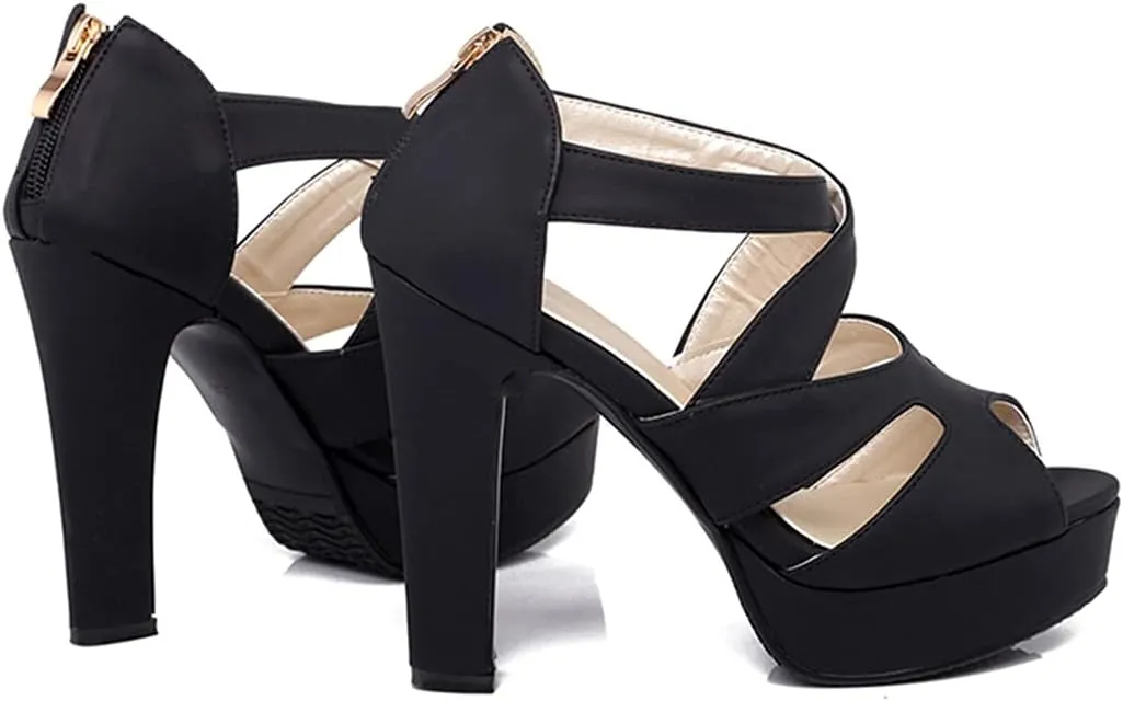 VOKLIN MISTU Women's Peep Toe Platform Block High Heel Sandals Cross Strappy Back Zipper Pump Dressy Heeled Sandal