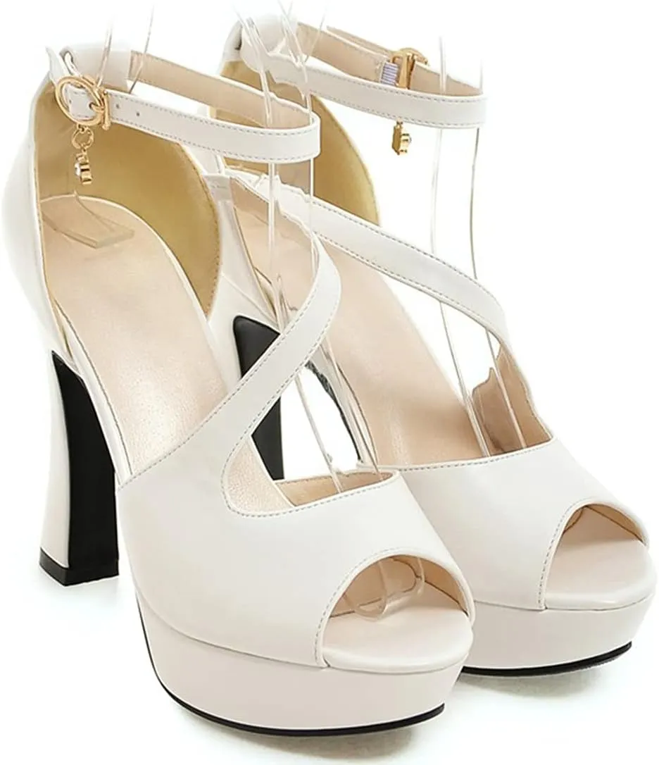 VOKLIN MISTU Women's Peep Toe Platform High Heel Dressy Sandals Ankle Strap Party Evening Pump Dress Heeled Sandal