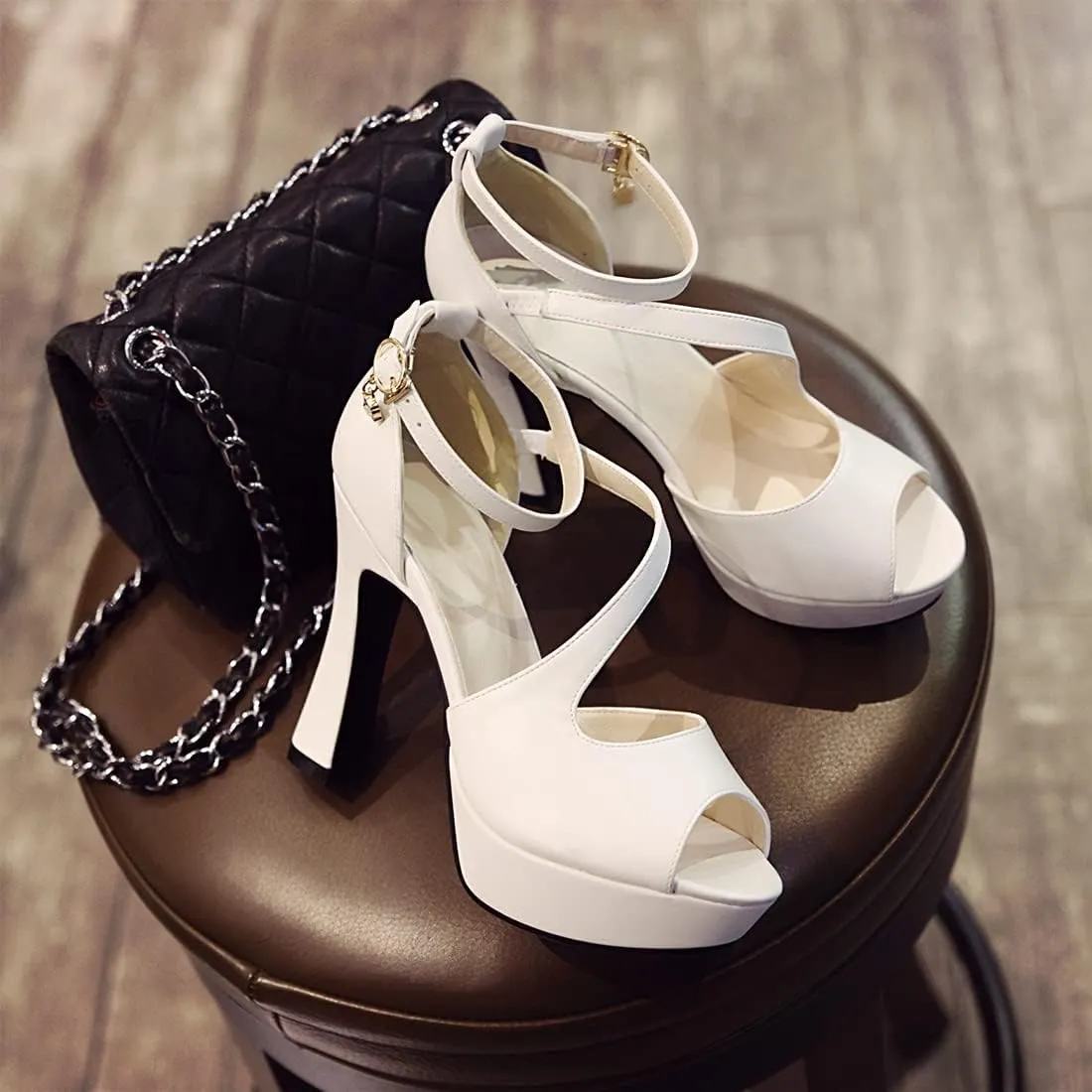 VOKLIN MISTU Women's Peep Toe Platform High Heel Dressy Sandals Ankle Strap Party Evening Pump Dress Heeled Sandal