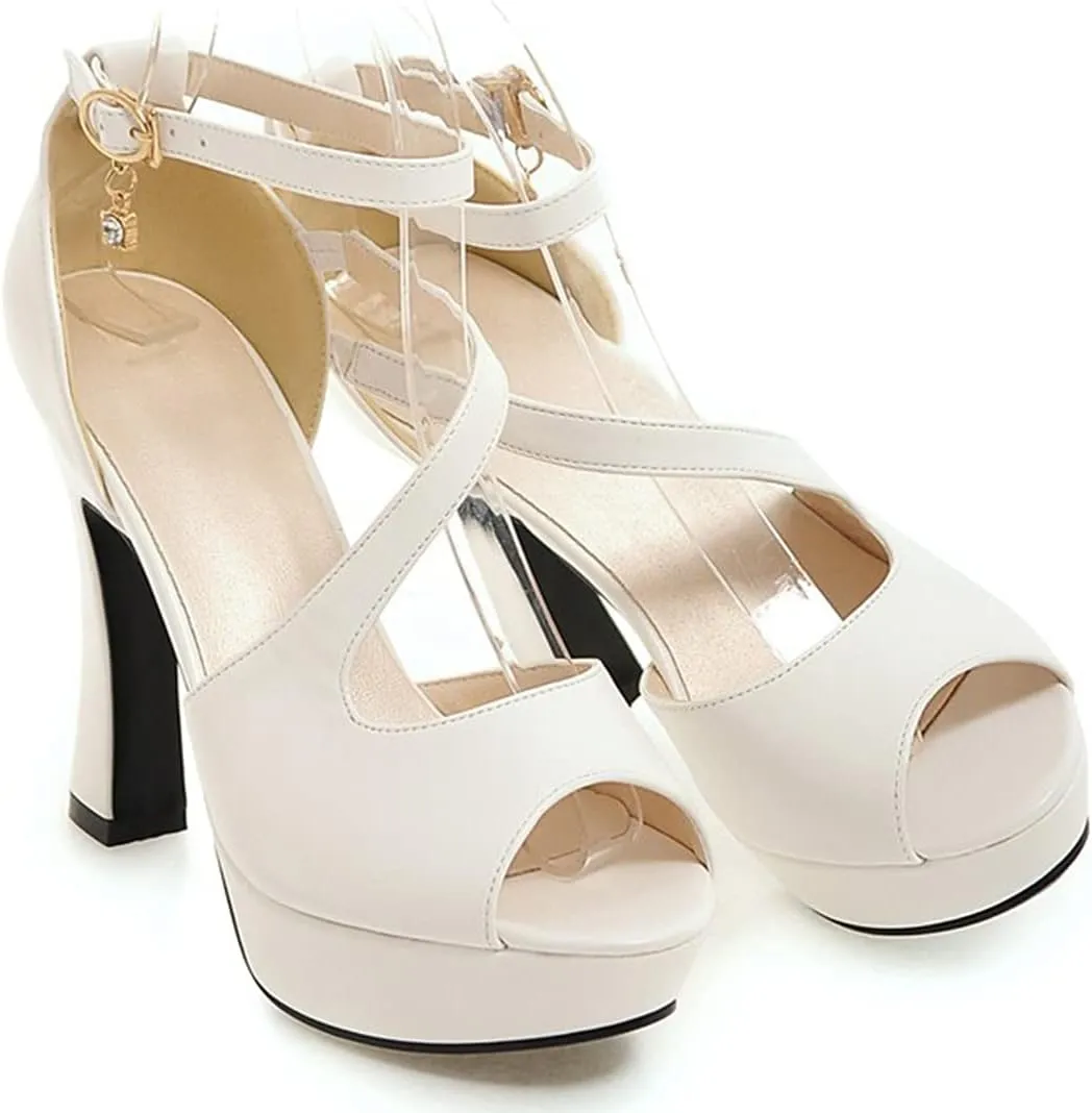 VOKLIN MISTU Women's Peep Toe Platform High Heel Dressy Sandals Ankle Strap Party Evening Pump Dress Heeled Sandal