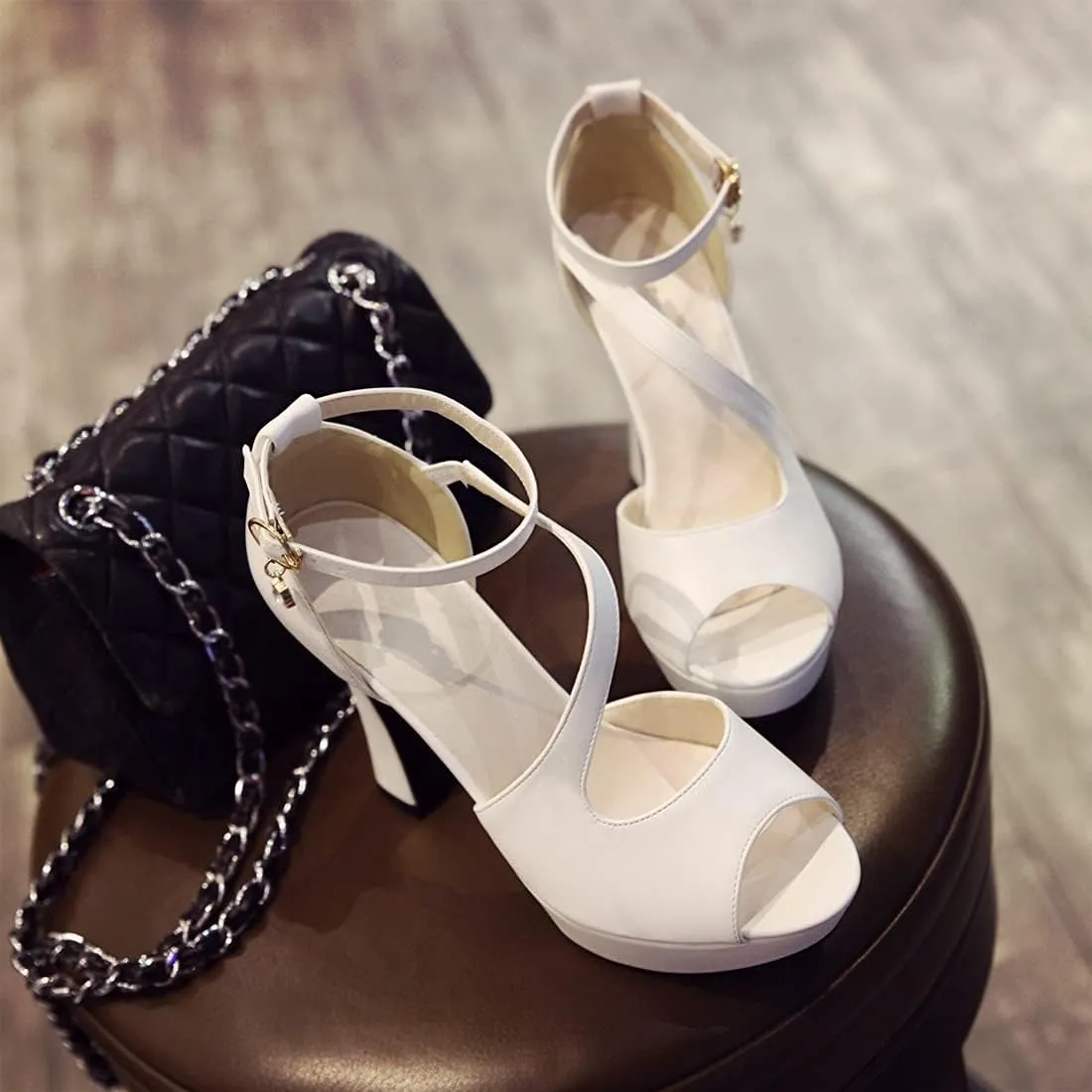 VOKLIN MISTU Women's Peep Toe Platform High Heel Dressy Sandals Ankle Strap Party Evening Pump Dress Heeled Sandal