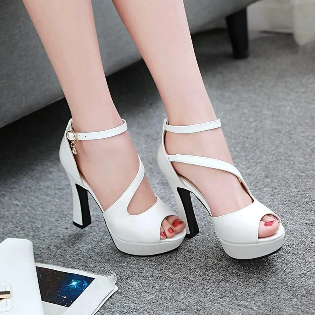VOKLIN MISTU Women's Peep Toe Platform High Heel Dressy Sandals Ankle Strap Party Evening Pump Dress Heeled Sandal