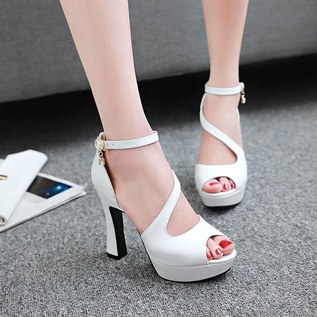 VOKLIN MISTU Women's Peep Toe Platform High Heel Dressy Sandals Ankle Strap Party Evening Pump Dress Heeled Sandal