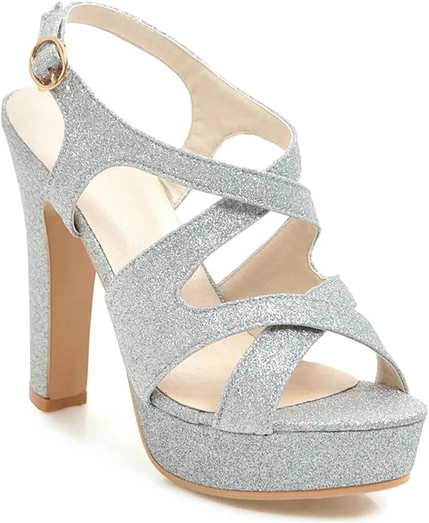 VOKLIN MISTU Women's Peep Toe Platform High Heel Sandals Glitter Cross Strappy Slingback Pump Dress Heeled Sandal