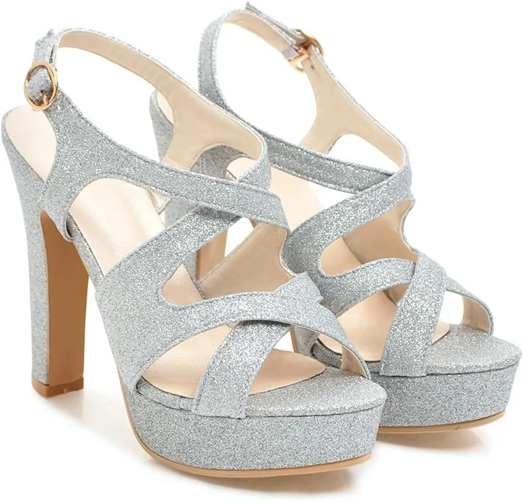 VOKLIN MISTU Women's Peep Toe Platform High Heel Sandals Glitter Cross Strappy Slingback Pump Dress Heeled Sandal