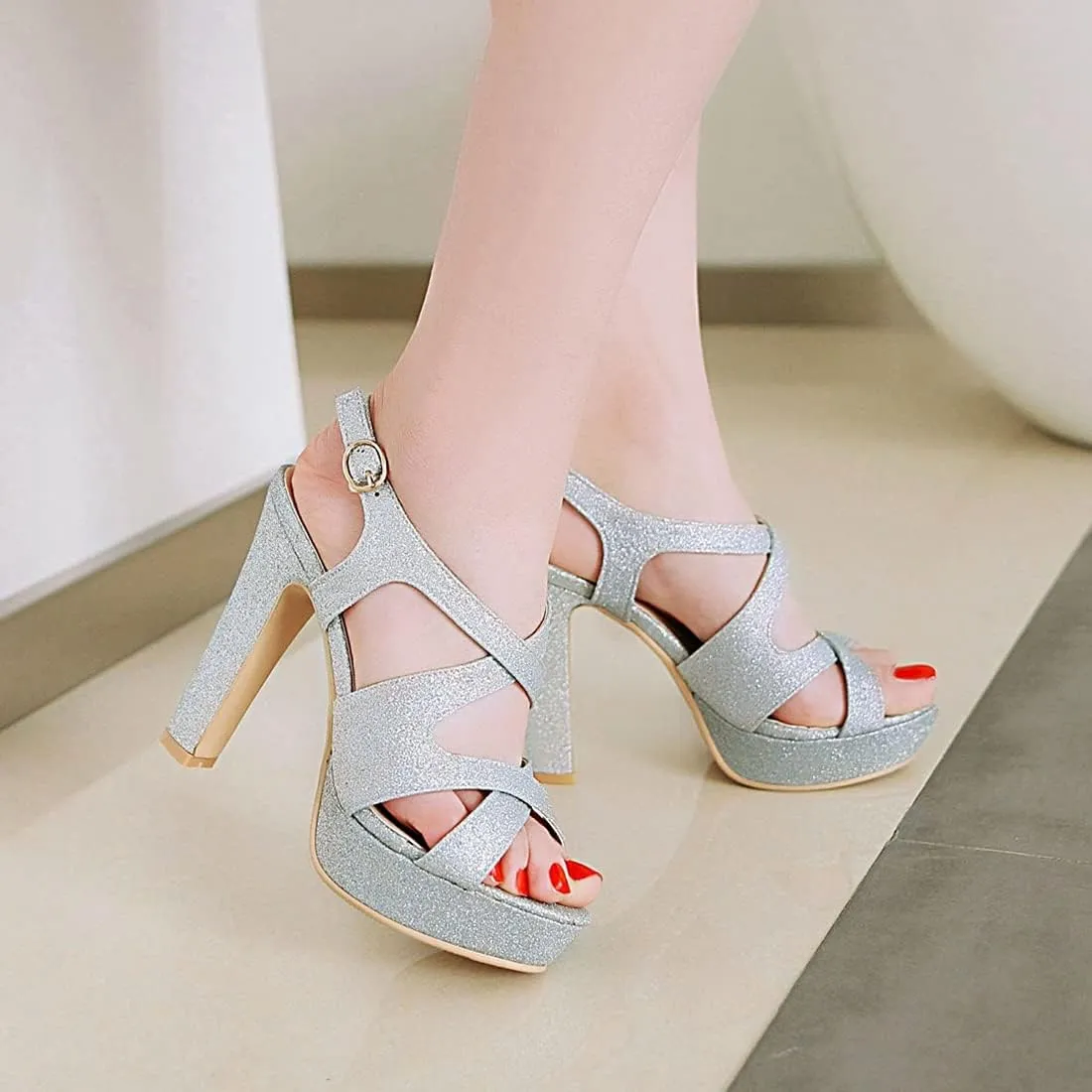VOKLIN MISTU Women's Peep Toe Platform High Heel Sandals Glitter Cross Strappy Slingback Pump Dress Heeled Sandal